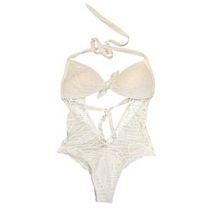 Luli Fama White Crochet Monokini One Piece Swimsuit Medium Colombia Halter Tie